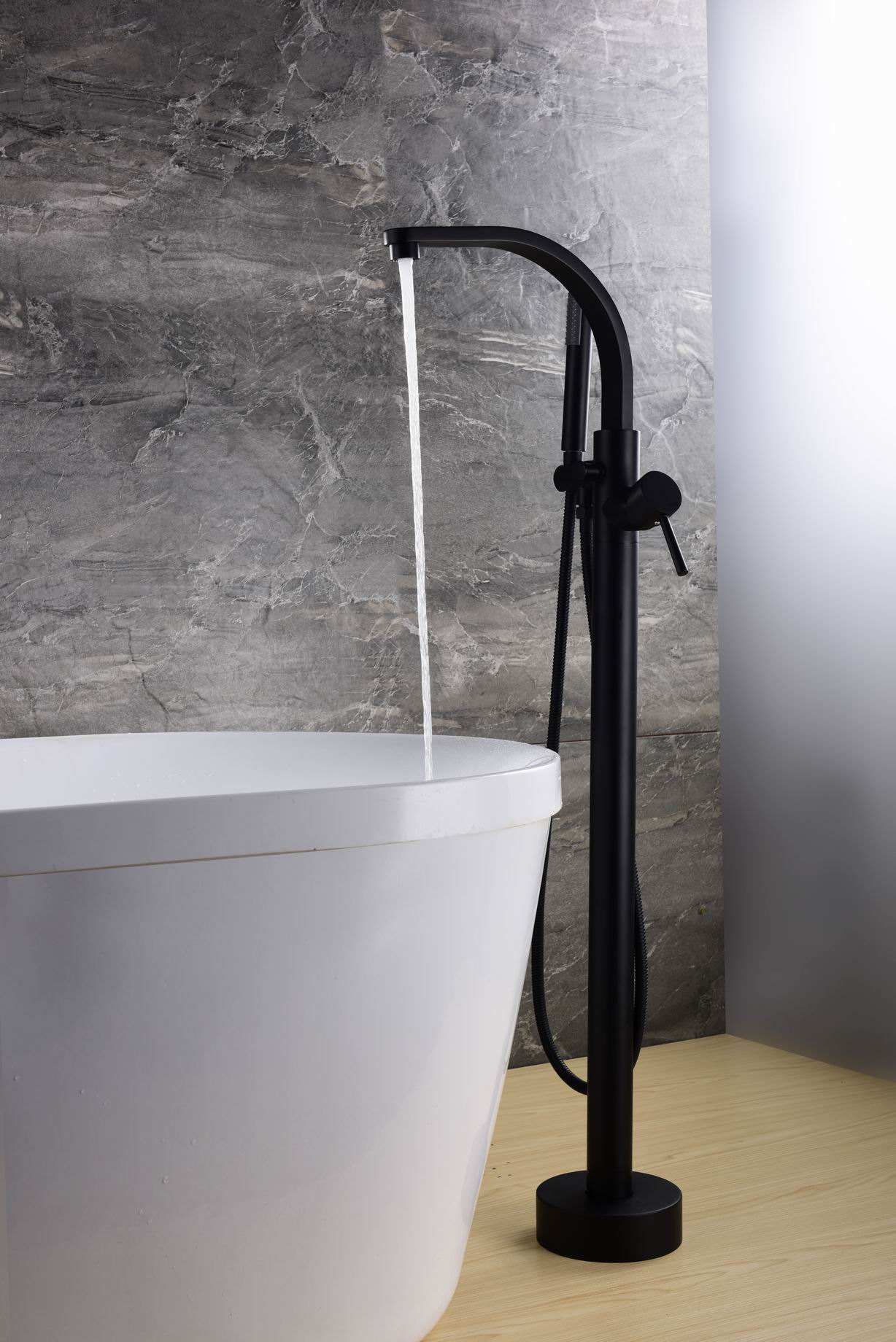 Modern Design Single Handle Floor Free Stand Black Bathtub Faucet Matte Black Bath Shower Faucet With Hand Shower