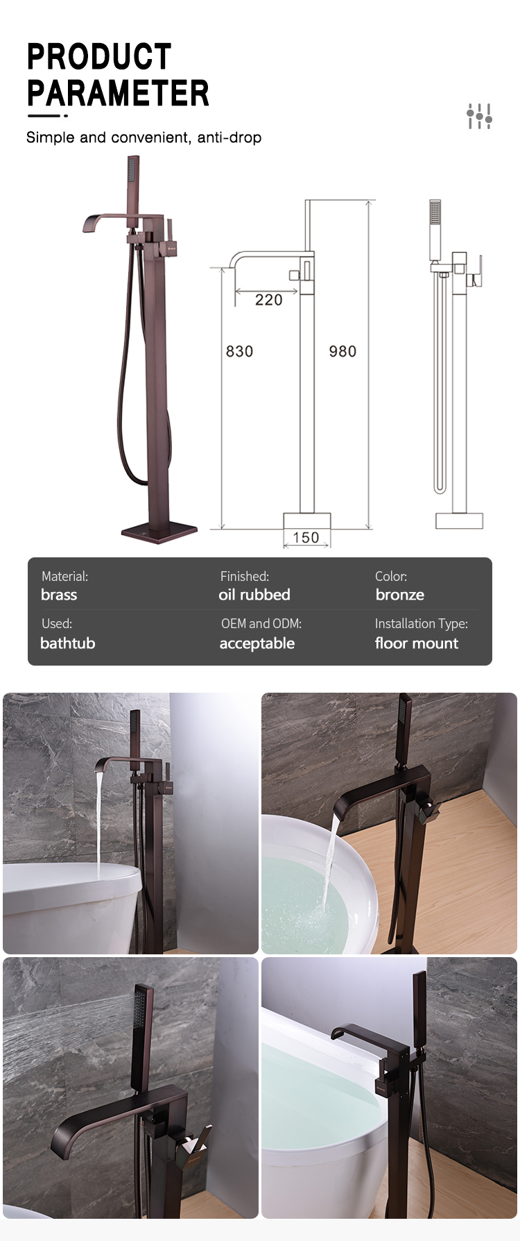 Top Rated Brass Freestanding Bath Shower Mixer Floor Stand Mounted Tub Filler Shower Mixer Free Standing Bathtub Faucet