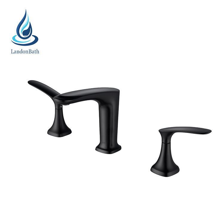 Bathroom Black 3 Hole Deck Mounted Brass Water Washbasin Faucet Double Handle Hot Cold