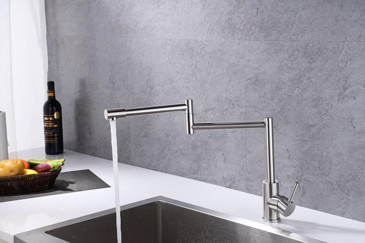 Folding Kitchen Faucet Stretchable Swing Arm Brushed Single Hole Single Handle Deck Mounted Cold & Hot Kitchen Sink Faucet