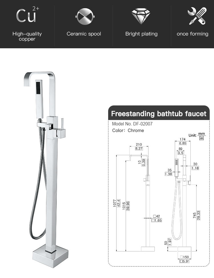 Square Chrome Bathtub Mixer Tap Brass Bathroom Copper Floor Mount Freestanding Tub Filler