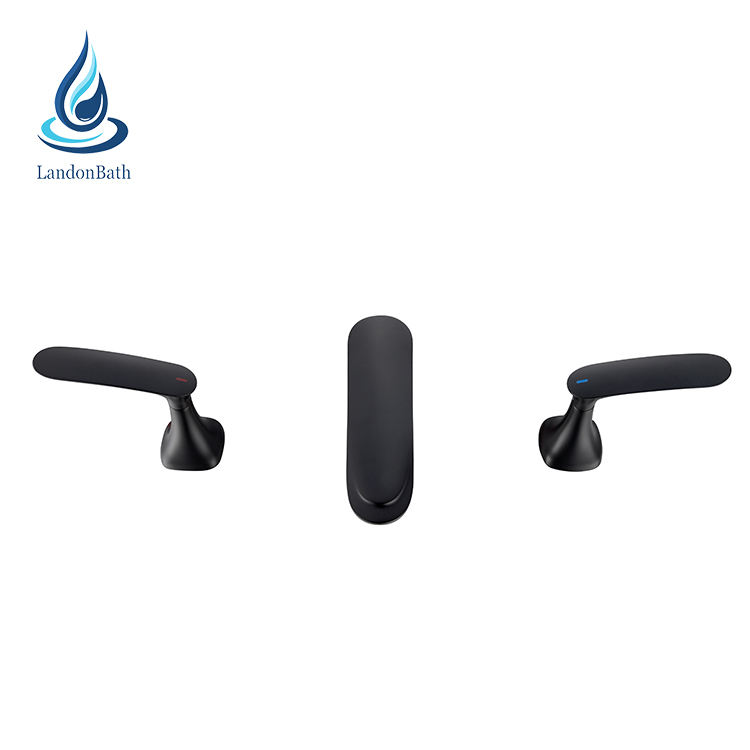 Bathroom Black 3 Hole Deck Mounted Brass Water Washbasin Faucet Double Handle Hot Cold