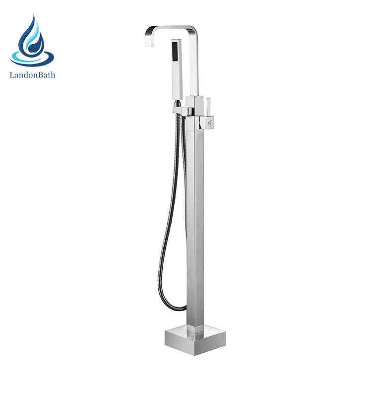 Square Chrome Bathtub Mixer Tap Brass Bathroom Copper Floor Mount Freestanding Tub Filler