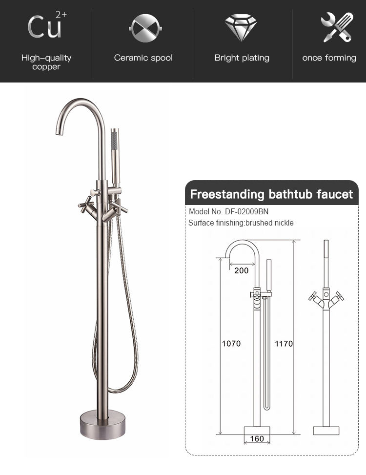 Cross handle floor mounted free standing bathtub shower faucet bathroom products