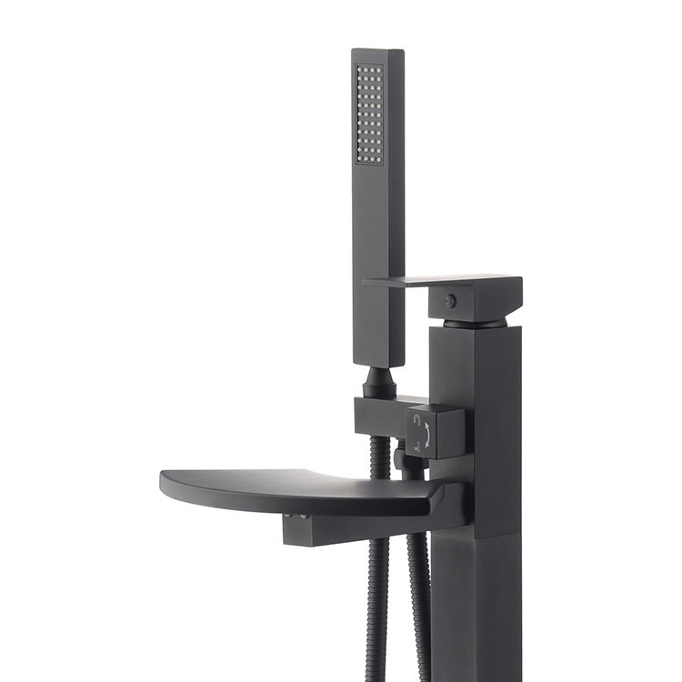 Black Square Single Lever Brass Mixer Tap Freestanding Tub Filler Floor Mounted Single Handle Waterfall Bathtub Faucet
