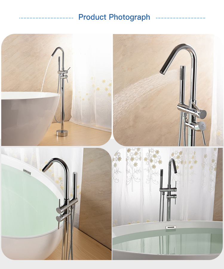 Floor Standing Tub Filler Modern Design Brass Stand Alone Double Handles Bathtub Faucet Floor Stand