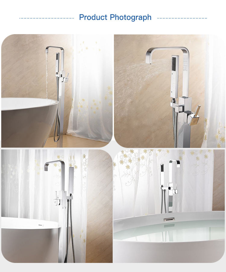 Square Chrome Bathtub Mixer Tap Brass Bathroom Copper Floor Mount Freestanding Tub Filler