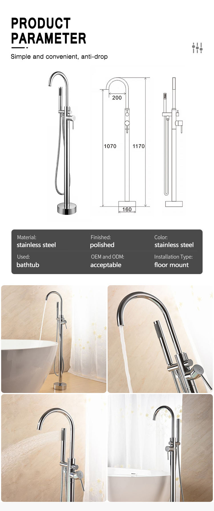SUS 304 Floor Shower Taps Freestanding Bath Tub Faucet Bathtub Mixer Free Standing Tub Facuet