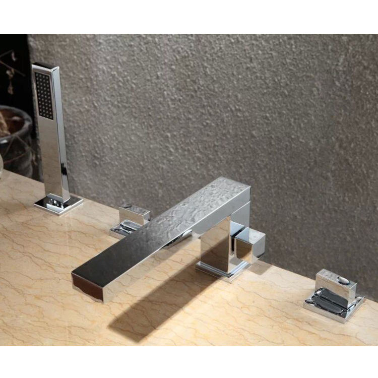 Contemporary Style Deck Mount 4 Hole Chrome Bathtub Faucet With Shower Roman Tub Filler
