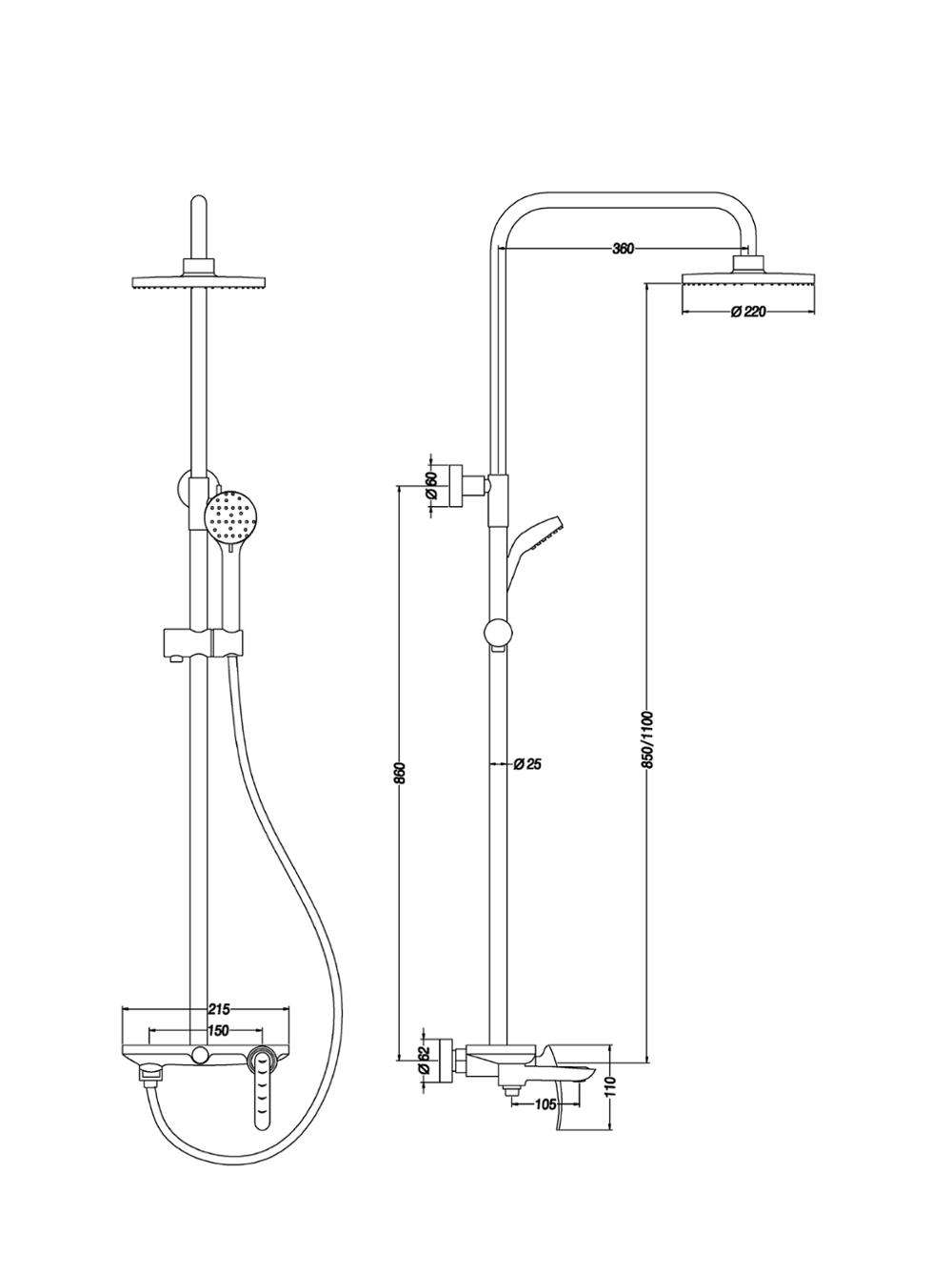 Exposed Rain Shower Set With Handshower And Adjustable Slide Bar Wall Mount Round Shower With Mixer