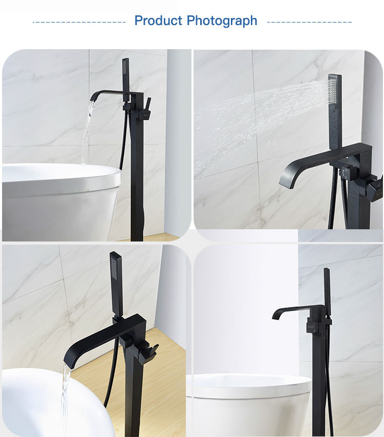 Matt Black Freestanding Bath Mixer Tap & Handheld Shower, Brass Hand Shower Waterfall Freestanding Tub Faucet Black