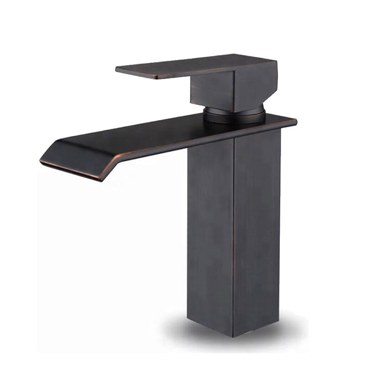 Single handle matt black deck mount square hot and cold water faucets bathroom sink mixer vintage basin faucet waterfall
