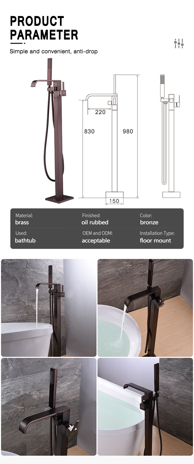 Top Rated Brass Freestanding Bath Shower Mixer Floor Stand Mounted Tub Filler Shower Mixer Free Standing Bathtub Faucet