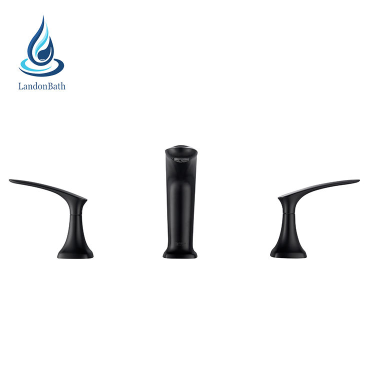 Bathroom Black 3 Hole Deck Mounted Brass Water Washbasin Faucet Double Handle Hot Cold