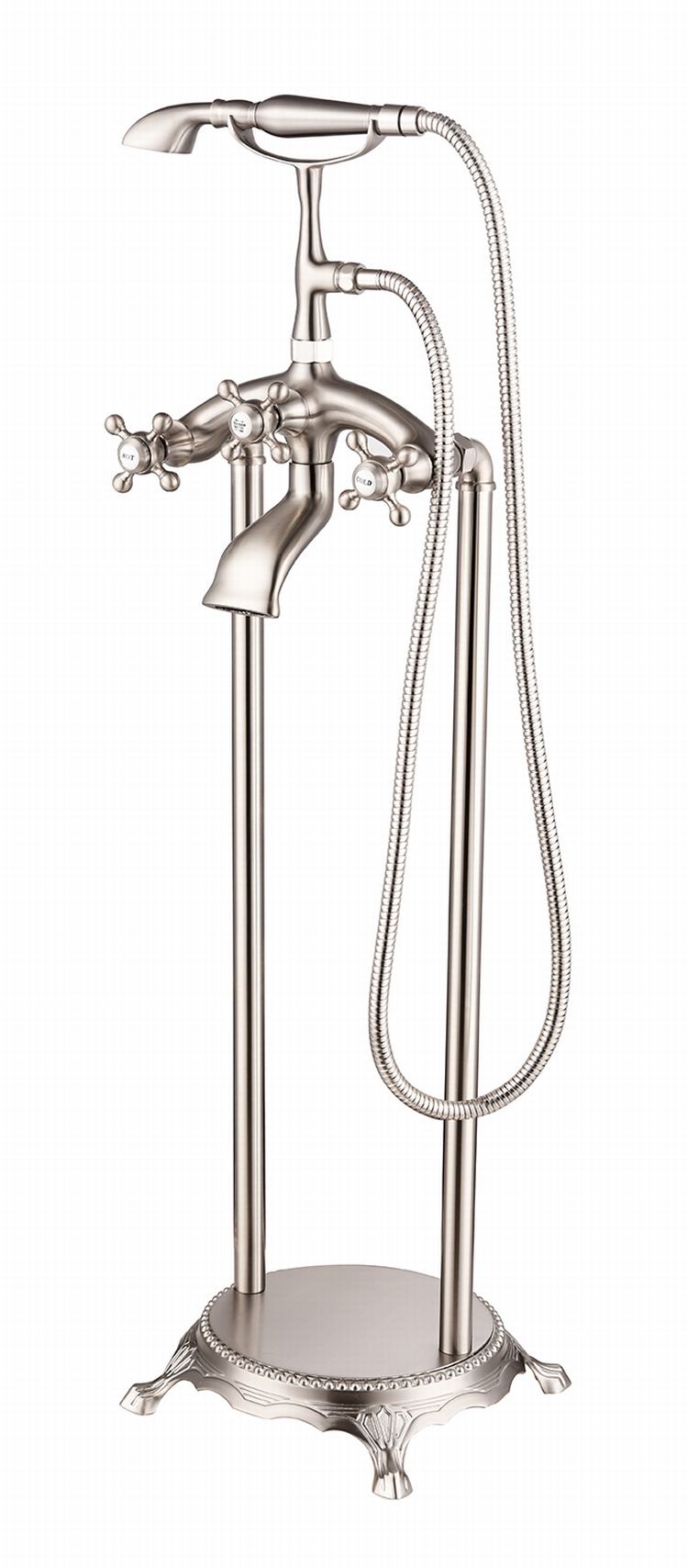 Free Standing Brushed Nickel Bathtub Faucet Triple Handle Floor Mounted Tub Sink Mixer Faucet Brass Bathroom Bath Shower Set Tap