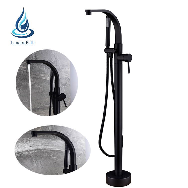 Modern Design Single Handle Floor Free Stand Black Bathtub Faucet Matte Black Bath Shower Faucet With Hand Shower