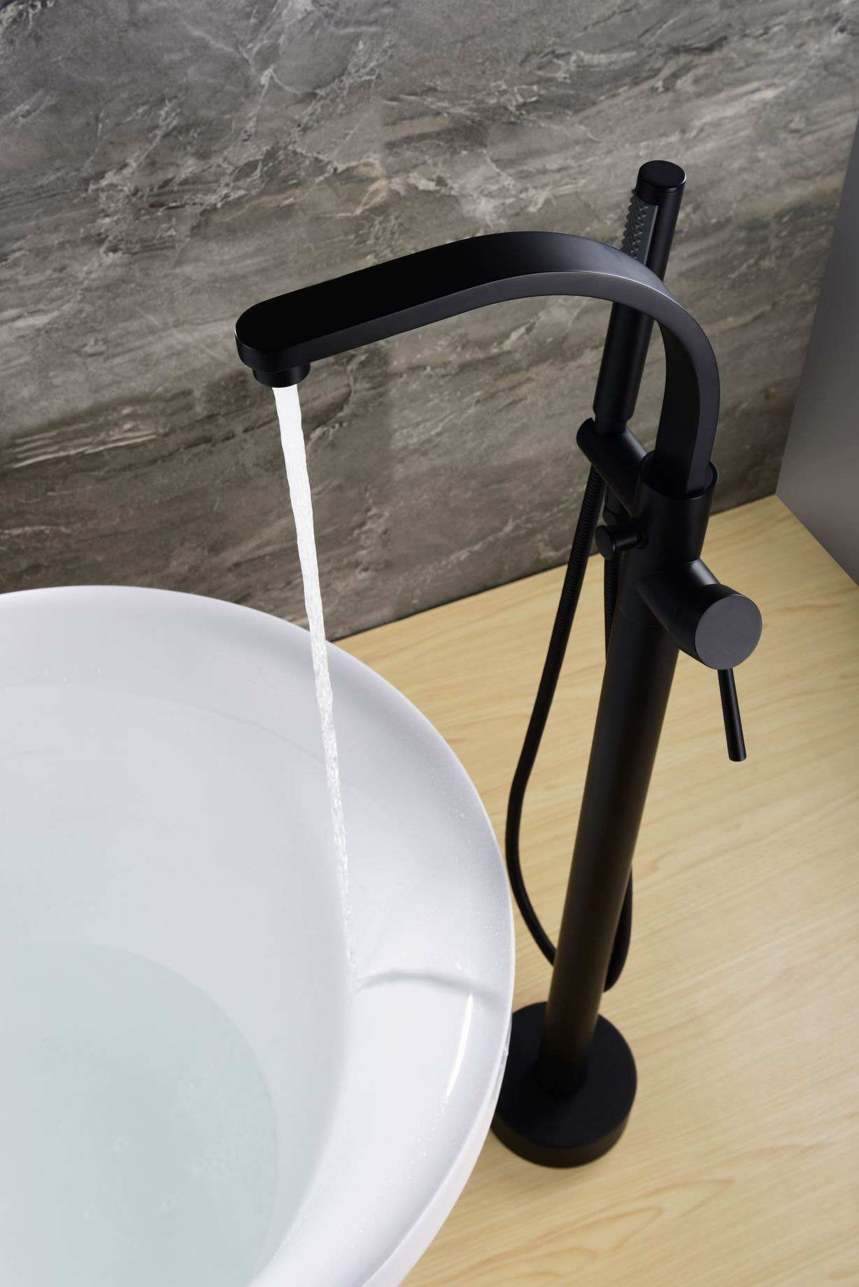 Modern Design Single Handle Floor Free Stand Black Bathtub Faucet Matte Black Bath Shower Faucet With Hand Shower