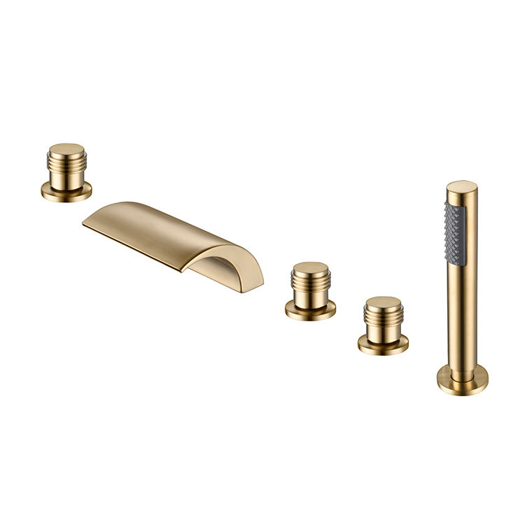 European Classic Deck Mount 5 Hole Antique Faucet Brass Golden Bathtub Taps With Shower Spray