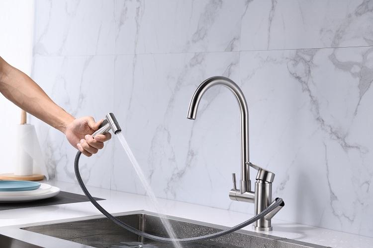 Venta al por mayor de gama alta 304 grifo de fregadero de cuello largo montado en escritorio grifo de cocina de acero inoxidable keukenkraan con doble manija