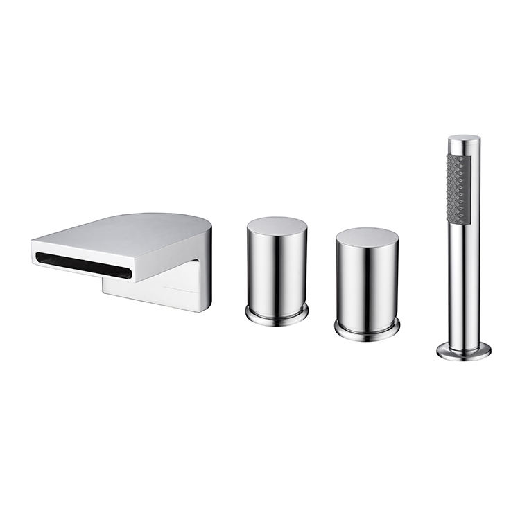Bathroom 4 Hole Bathtub Faucet with Pull Out Handshower Deck Mount Tub Filler