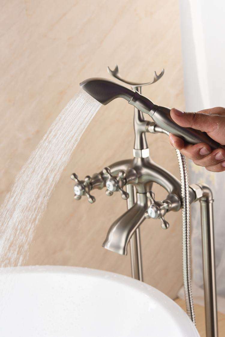 Free Standing Brushed Nickel Bathtub Faucet Triple Handle Floor Mounted Tub Sink Mixer Faucet Brass Bathroom Bath Shower Set Tap