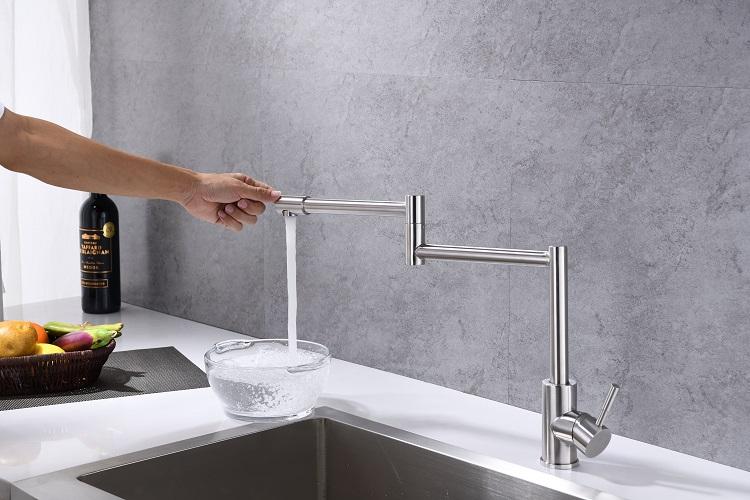 Folding Kitchen Faucet Stretchable Swing Arm Brushed Single Hole Single Handle Deck Mounted Cold & Hot Kitchen Sink Faucet