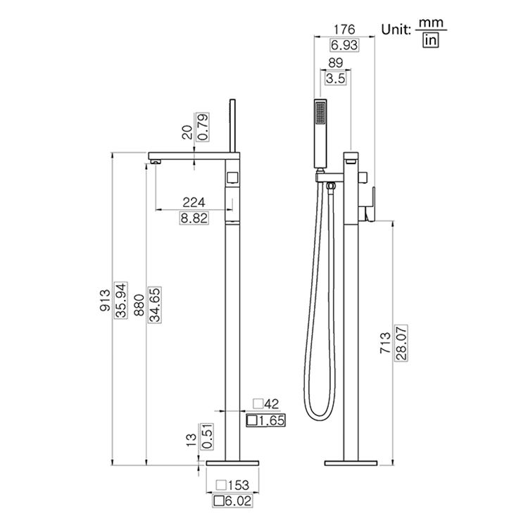 Free Standing Complete Set Square Brass Bathtub Faucet